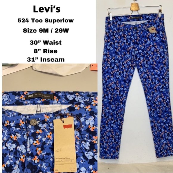 NWT Vinatge Levis 524 Too Superlow Floral Stretch Denim Jeans Size 9M /29 - Picture 1 of 14